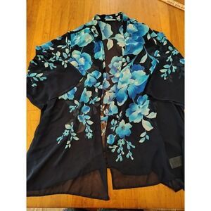 Susan Graver 3X Sheer Kimono Cardigan Blue Floral Print Open Front Cover-Up Boho